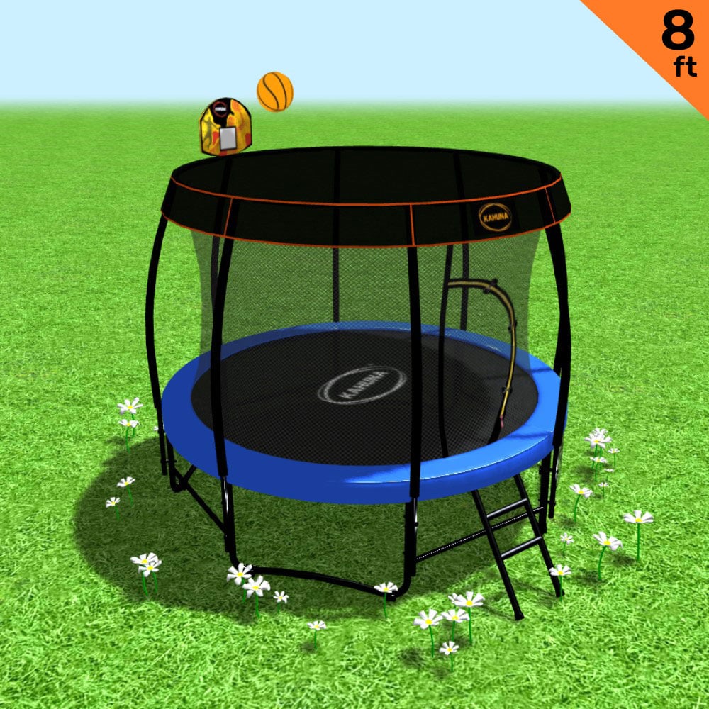 Kahuna Trampoline 8 ft with Basketball Set and Roof - Blue