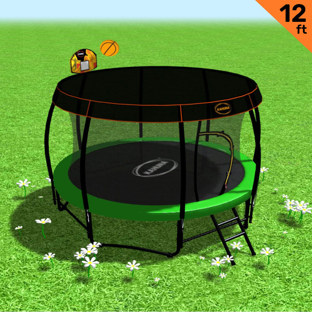 Kahuna Trampoline 12 ft with Basketball Set and Roof - Green