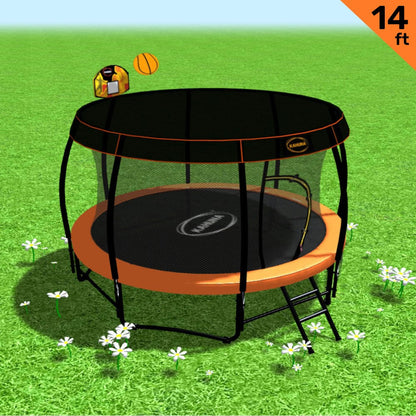 Kahuna Trampoline 14 ft with Basketball Set and Roof - Orange