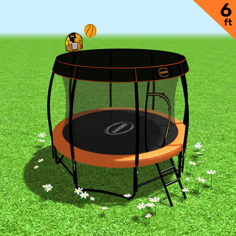 Kahuna Trampoline 6 ft with Basketball Set & Roof Cover - Orange