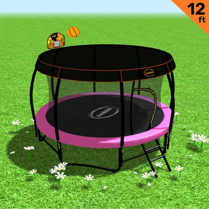 Kahuna Trampoline 12 ft with Basketball Set and Roof - Pink