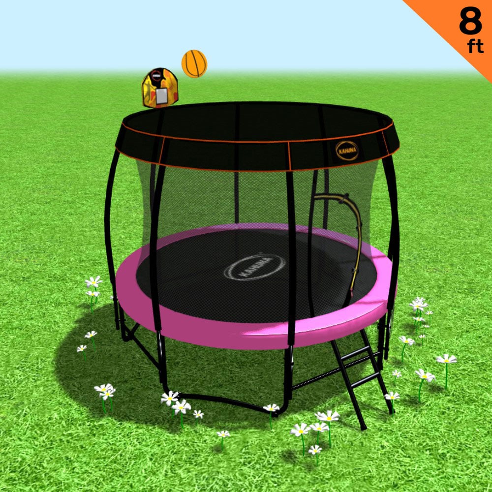 Kahuna Trampoline 8 ft with Basketball Set and Roof - Pink