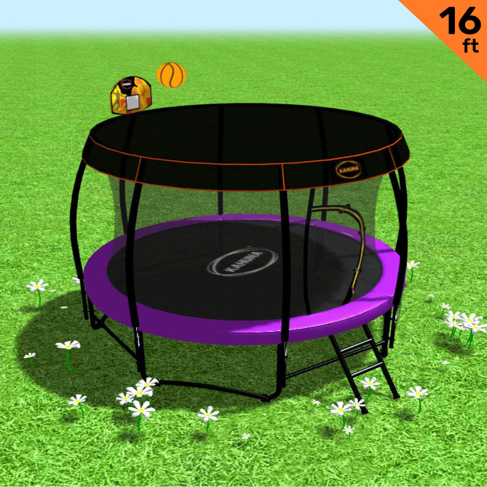 Kahuna 16 ft Trampoline with Basketball Set and Roof - Purple