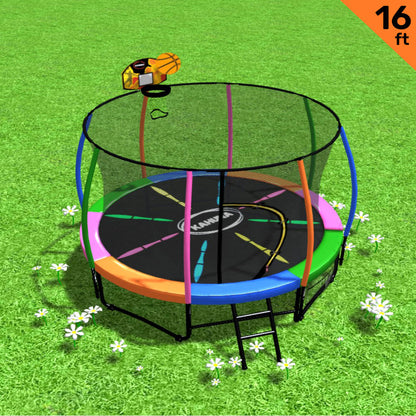 Kahuna Trampoline 16 ft with Basketball Set - Rainbow
