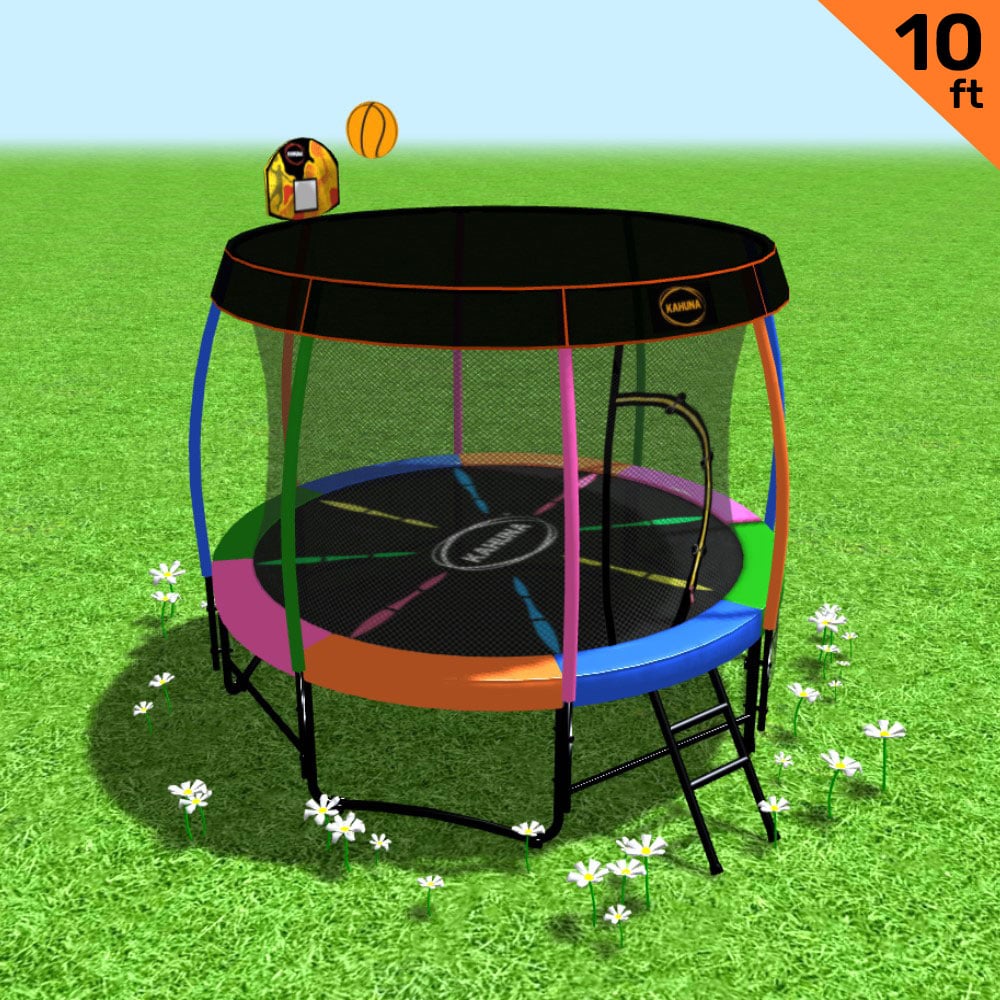Kahuna Trampoline 10 ft with Basketball Set and Roof - Rainbow