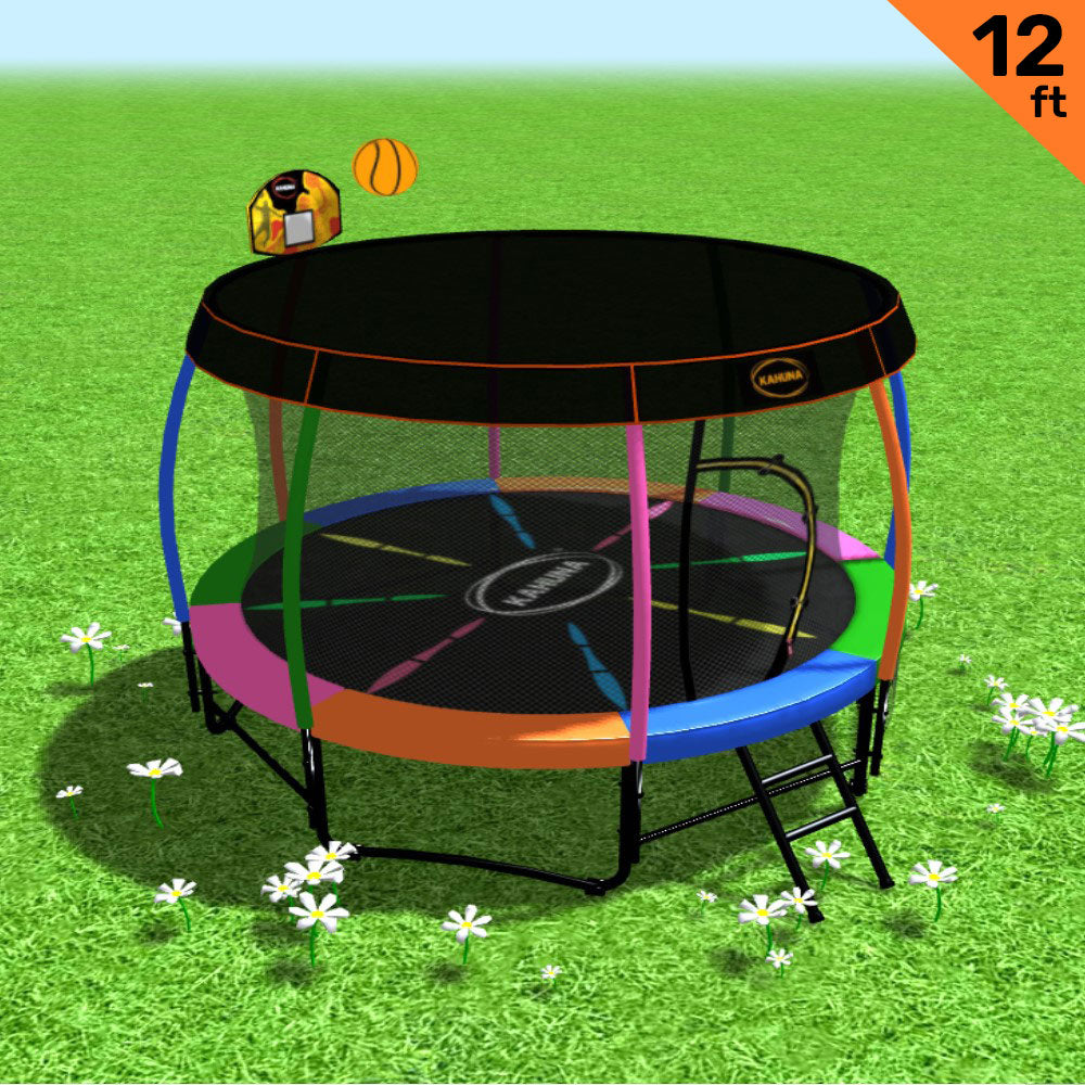 Kahuna Trampoline 12 ft with Basketball Set and Roof - Rainbow