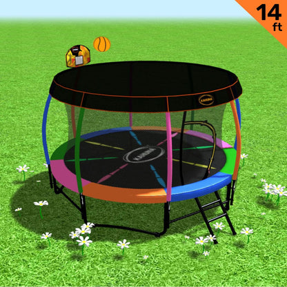 Kahuna Trampoline 14 ft with Basketball Set and Roof - Rainbow