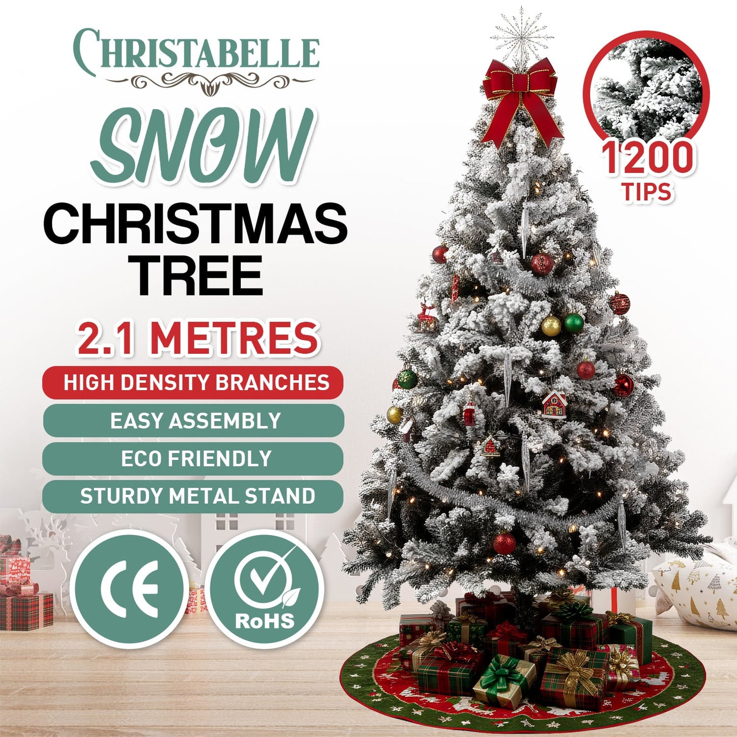 Christabelle Snow-Tipped Snowflocked Artificial Christmas Tree 2.1m 1200 Tips