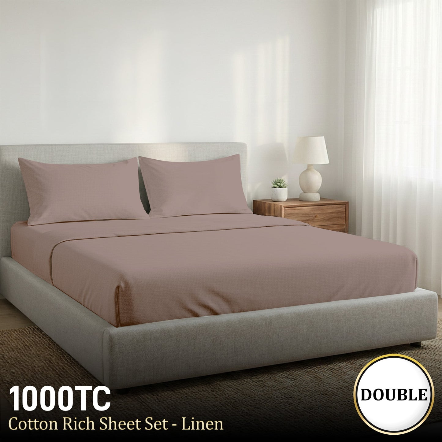 1000 Thread Count Cotton Rich Double Bed Sheet Set 4 Piece, Soft Feel Microfibre Blend, Solid Colour - Linen