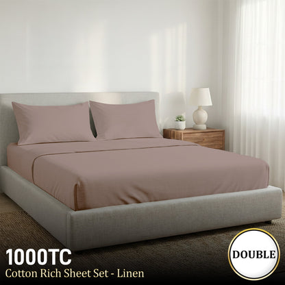 1000 Thread Count Cotton Rich Double Bed Sheet Set 4 Piece, Soft Feel Microfibre Blend, Solid Colour - Linen