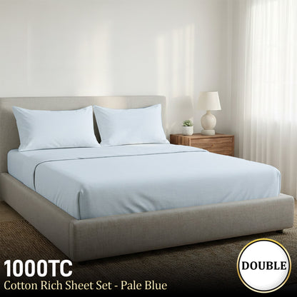 1000 Thread Count Cotton Rich Pale Blue Double Bed Sheet Set 4 Piece, Soft Feel Microfibre Blend, Solid Colour