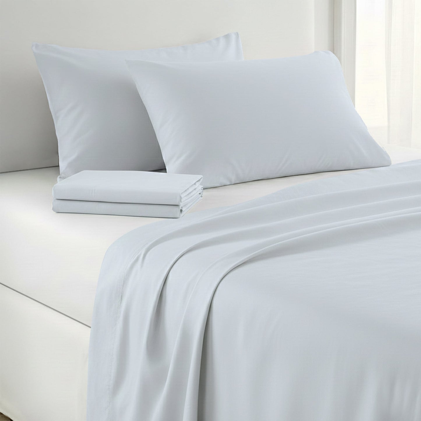 1000 Thread Count Cotton Rich Pale Blue Double Bed Sheet Set 4 Piece, Soft Feel Microfibre Blend, Solid Colour