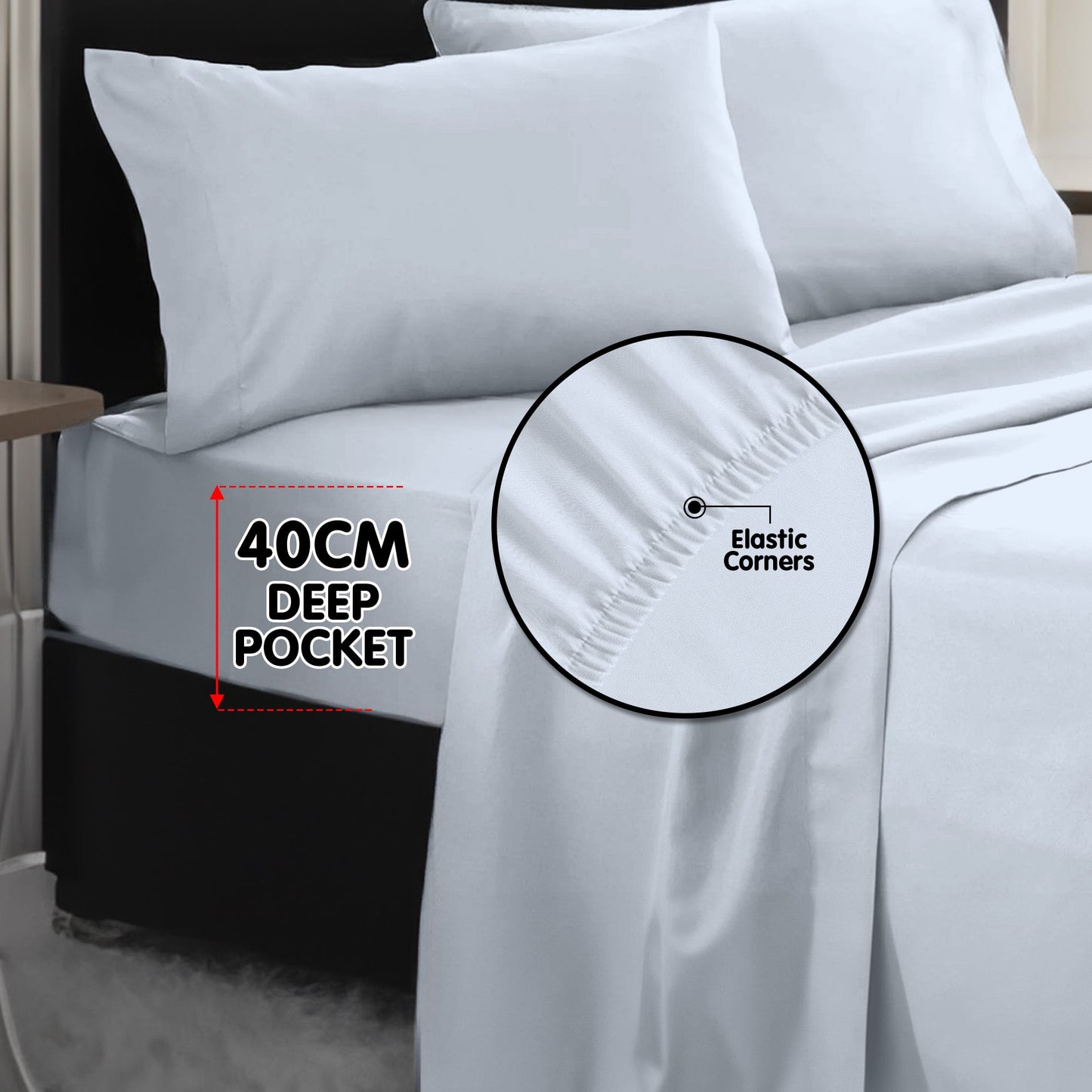 1000 Thread Count Cotton Rich Pale Blue Double Bed Sheet Set 4 Piece, Soft Feel Microfibre Blend, Solid Colour