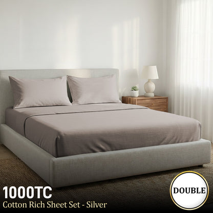 1000 Thread Count Cotton Rich Silver Double Bed Sheet Set 4 Piece, Soft Feel Microfibre Blend, Solid Colour