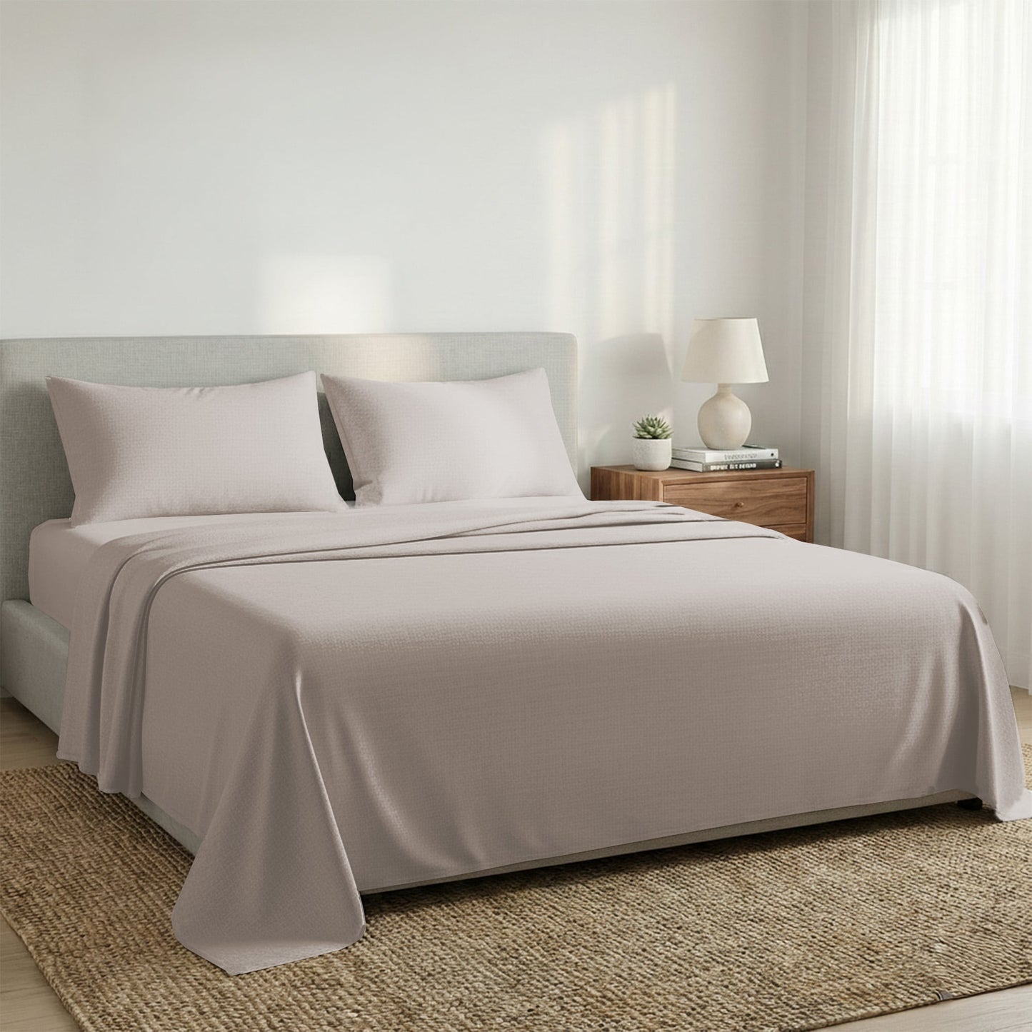1000 Thread Count Cotton Rich Silver Double Bed Sheet Set 4 Piece, Soft Feel Microfibre Blend, Solid Colour