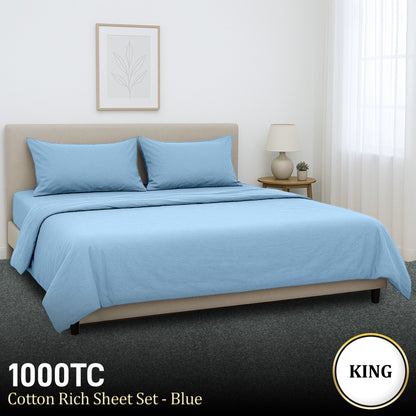 1000 Thread Count Cotton Rich King Bed Sheets 4-Piece Set in Blue