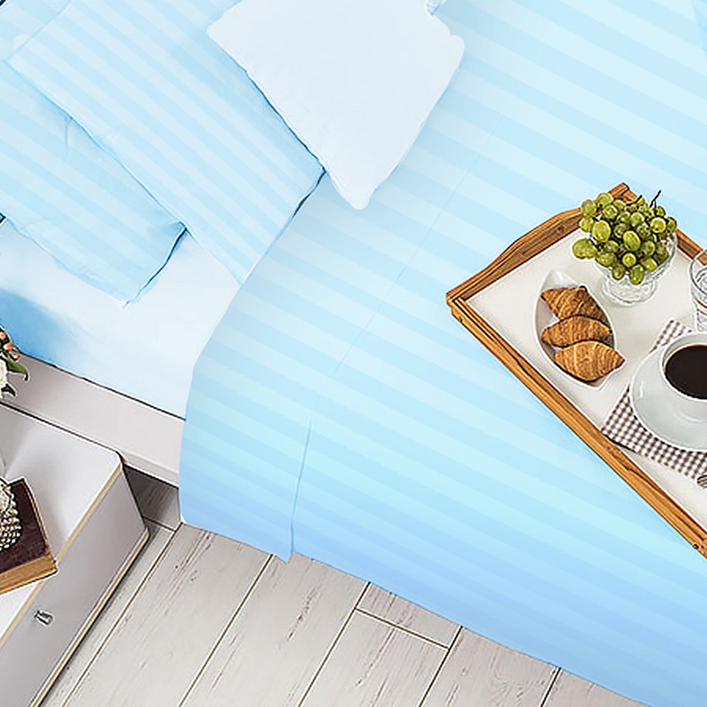 1000 Thread Count CVC Rich Cotton Queen Bed Doona Cover Set in Striped Sky Blue