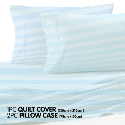 1000 Thread Count CVC Rich Cotton Queen Bed Doona Cover Set in Striped Sky Blue