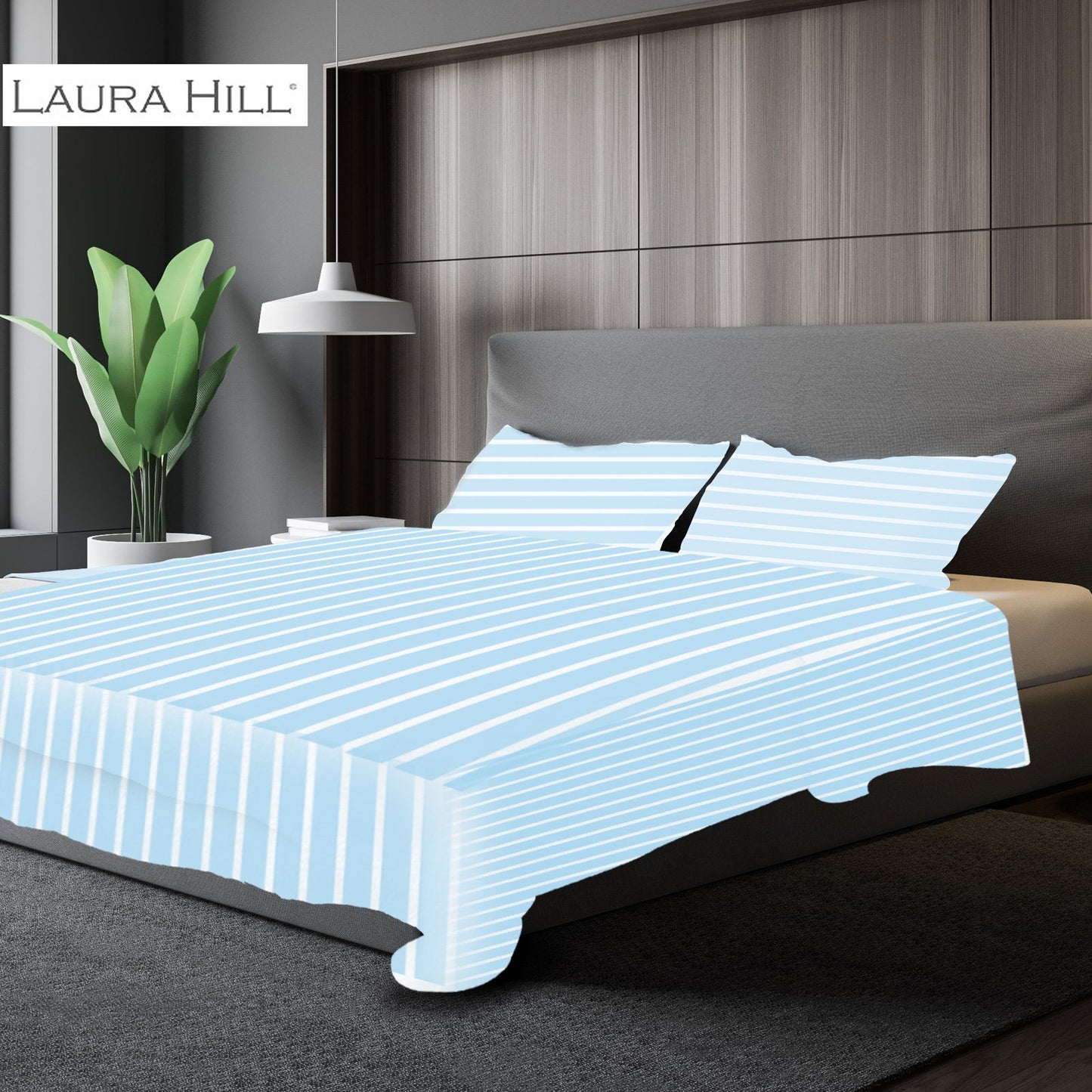 1000 Thread Count CVC Rich Cotton Queen Bed Doona Cover Set in Striped Sky Blue