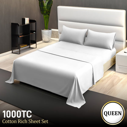 1000 Thread Count Cotton Rich Queen Bed Sheets 4-Piece Set in White