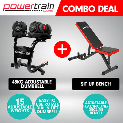 2x Powertrain 24kg Adjustable Dumbbells w/ Stand and Exercise Bench
