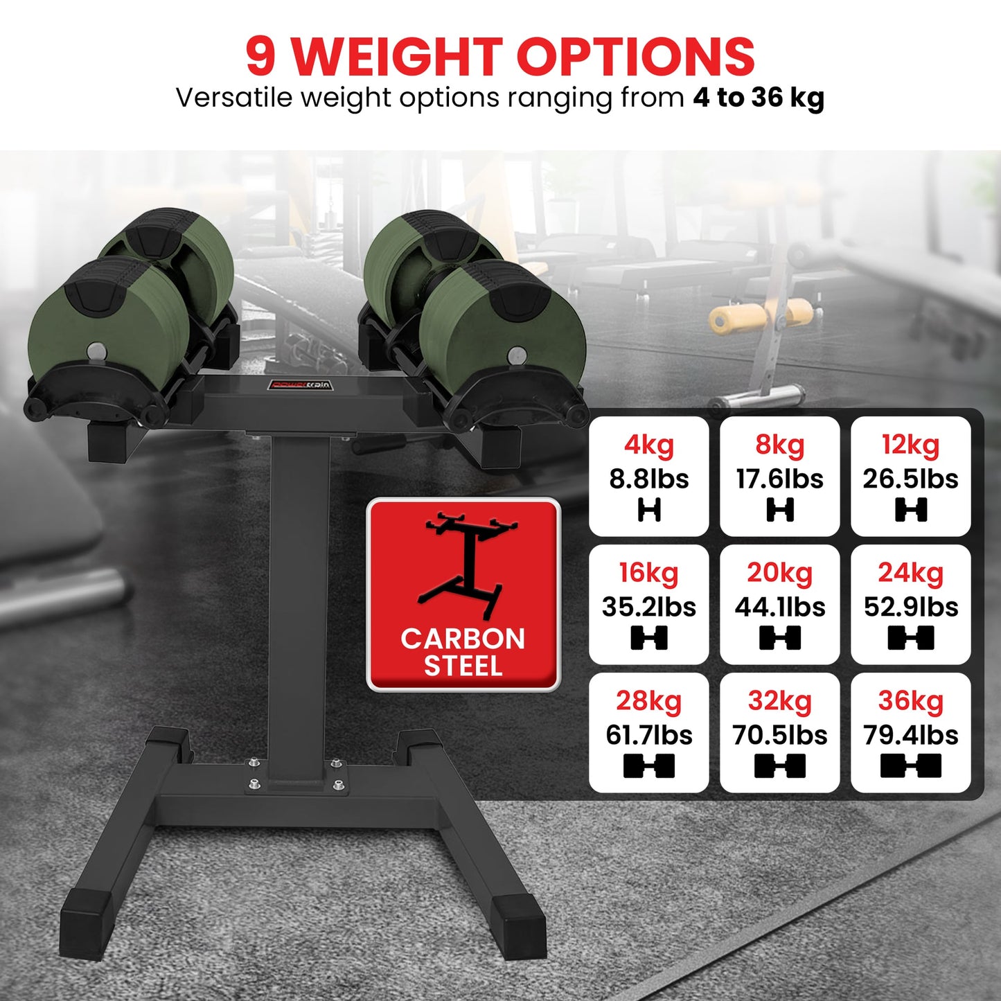 Powertrain Eon Dial-Up 72KG Adjustable Dumbbells Pair with Stand  - Green