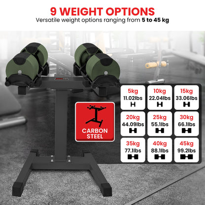 Powertrain Eon Dial-Up 90KG Adjustable Dumbbells Pair with Stand  - Green