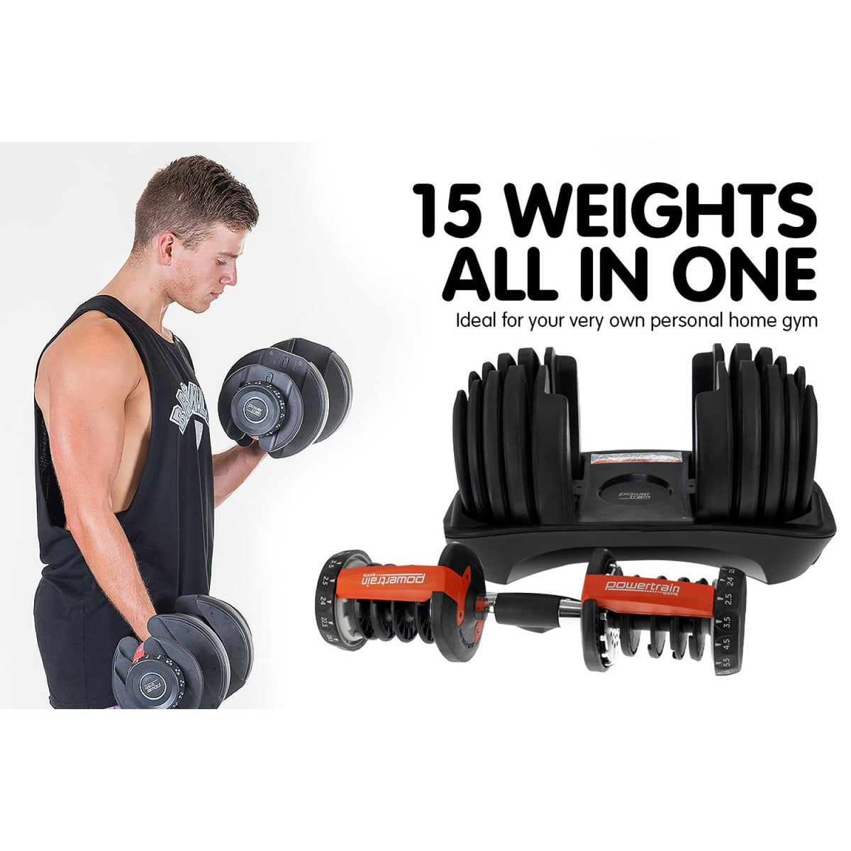 2x Powertrain 24kg Adjustable Dumbbell Home Gym w/ Exercise Bench