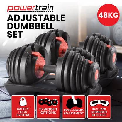 Powertrain 48kg Adjustable Dumbbells 15-in-1 Home Gym Weights – Red