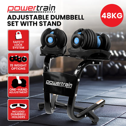 48KG Powertrain Adjustable Dumbbell Set With Stand Blue