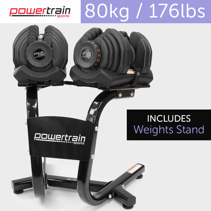 2x 40kg Powertrain Adjustable Dumbbells with Stand