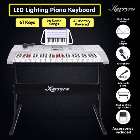 Karrera 61-Key Electronic LED Keyboard Piano with Stand - Silver