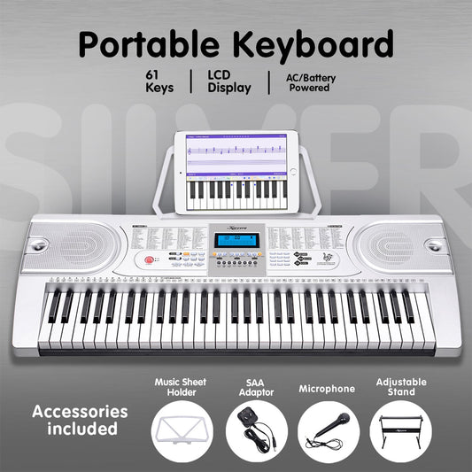 Karrera 61 Keys Electronic Keyboard Teaching Piano with Electric Stand in Silver CHJ-61