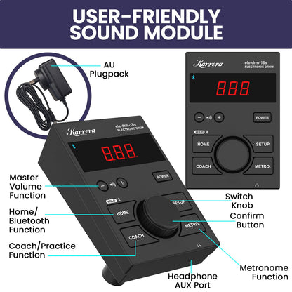 Karrera 18S Electronic Drum Kit Mesh Pads 8in Snare Bluetooth Sounds USB/MIDI Output Kick Pedals Drum Coach & Metronome