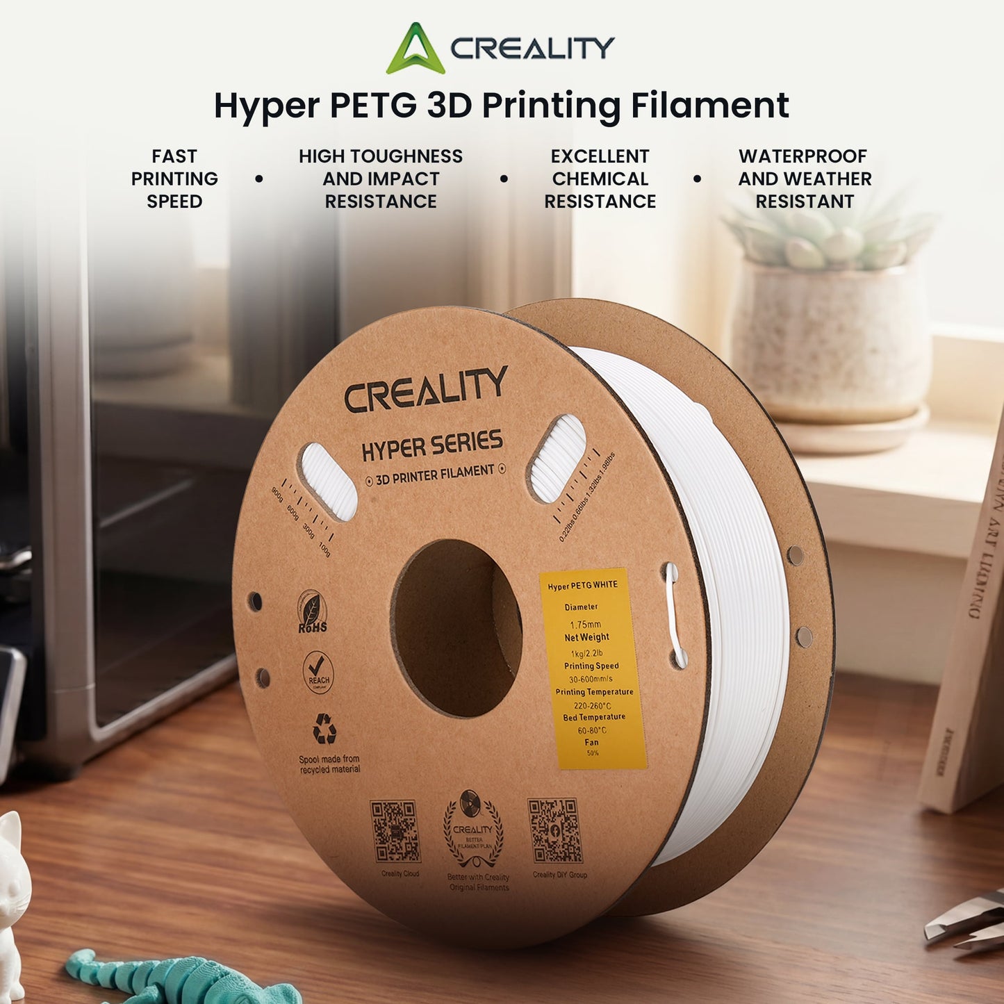 Creality Hyper PETG 3D Printer Filament Waterproof Quick Printing - White