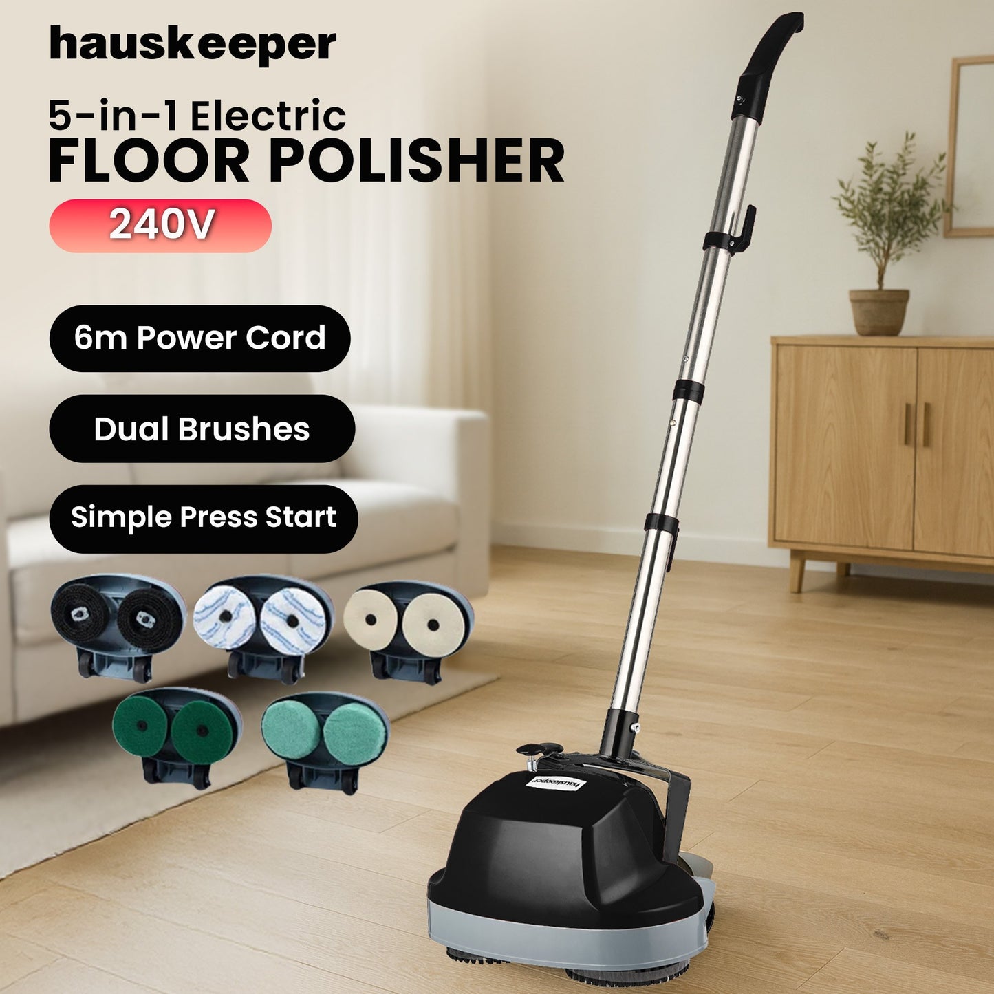 GEN2 Hauskeeper 5 in 1 Electric Floor Polisher 6M Power Cable Timber Hard Waxer Buffer Cleaner Black 240V