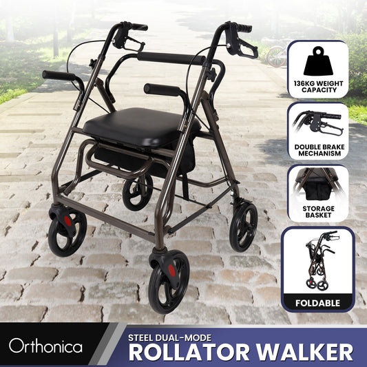 Orthonica Foldable Steel Frame Rollator Walker - Grey
