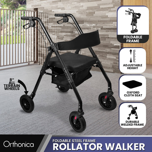Orthonica Foldable Mobility Steel Rollator Walker 136kg Max Capacity Aid Seat