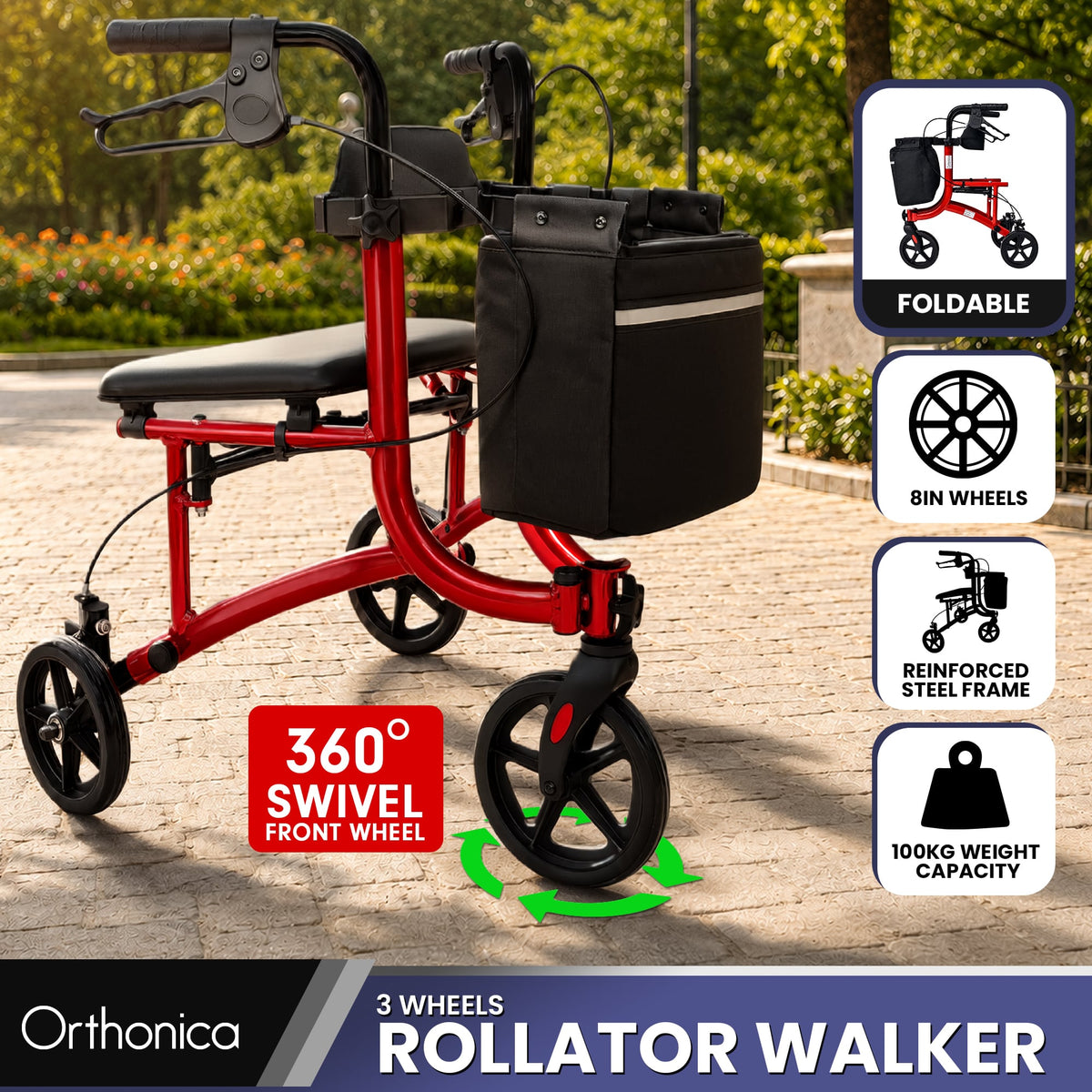 Orthonica 3-Wheel Folding Rollator Walker with Seat Lightweight Aluminium Mobility Aid Adjustable Height Bag