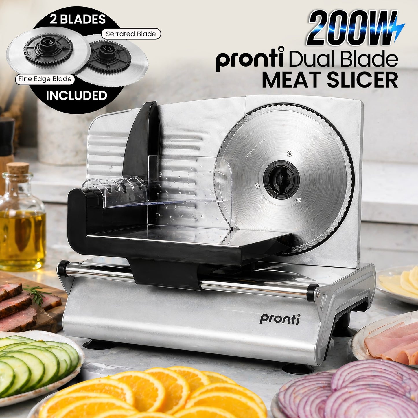 Pronti Electric Deli and Food Slicer 200W with 2 Blades - White