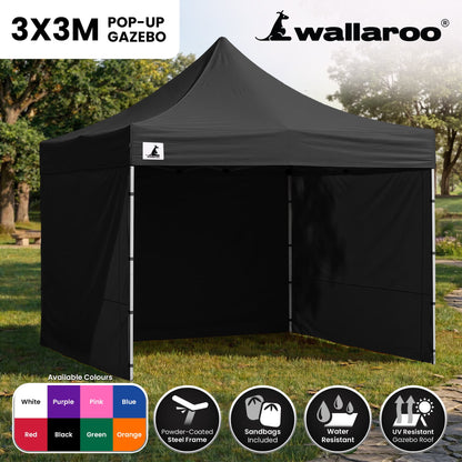 Wallaroo 3x3 PopUp Black Gazebo Marquee Outdoor Tent Weatherproof