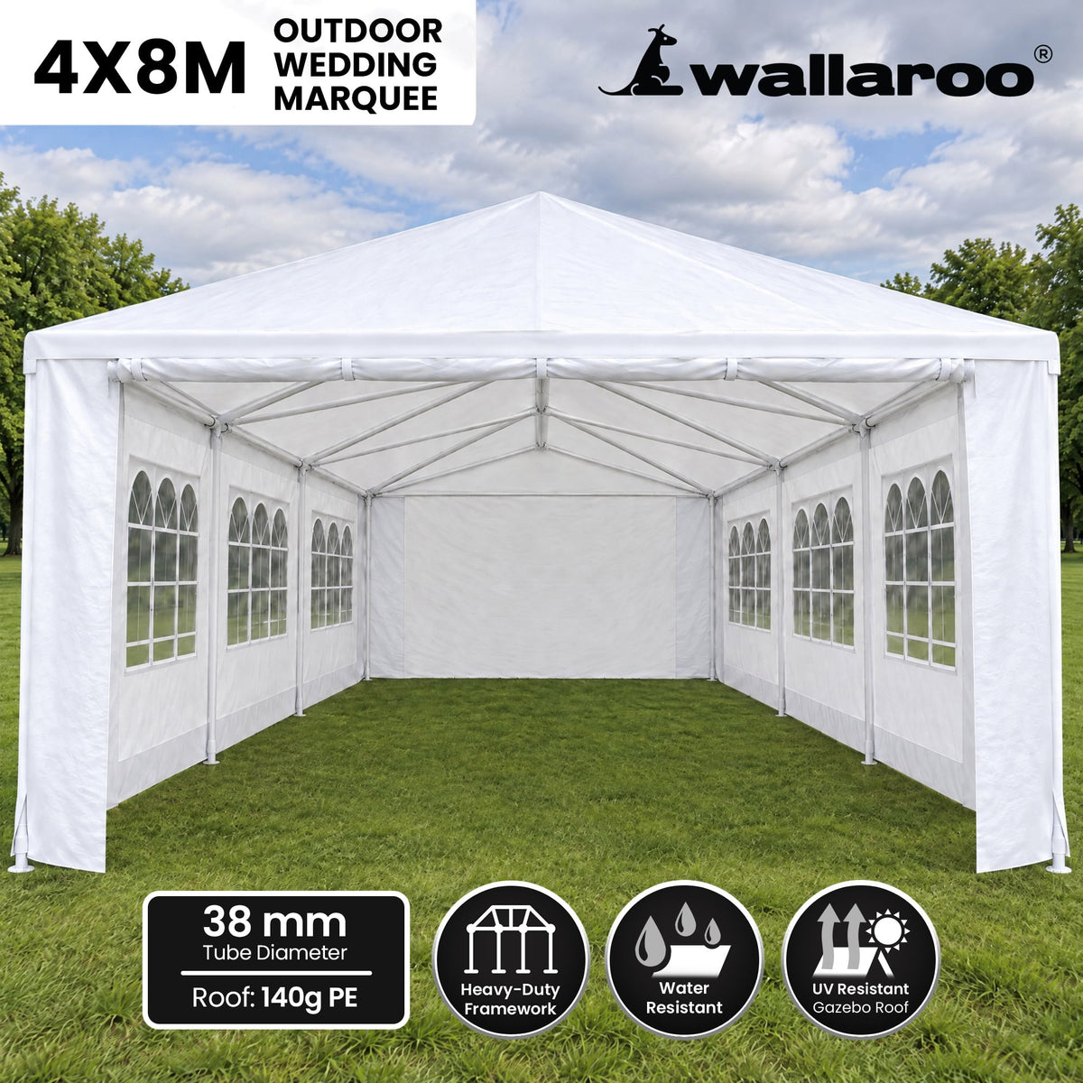 Wallaroo 4x8m Outdoor Event Marquee Gazebo Party Wedding Tent Canopy with Removable Window & Door Walls - White