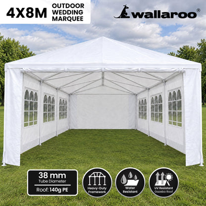 Wallaroo 4x8m Outdoor Event Marquee Gazebo Party Wedding Tent Canopy with Removable Window & Door Walls - White