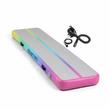 Powertrain 4m x 1m Inflatable Air Track 20cm Thick Gymnastics Exercise Tumbling Mat in Rainbow with Electric Pump