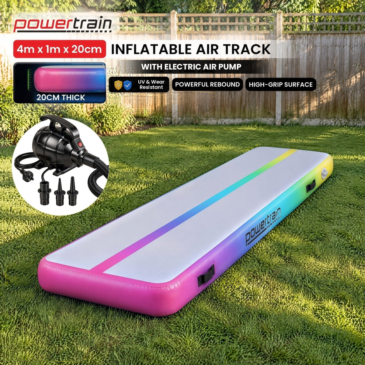 Powertrain 4m x 1m Inflatable Air Track 20cm Thick Gymnastics Exercise Tumbling Mat in Rainbow with Electric Pump