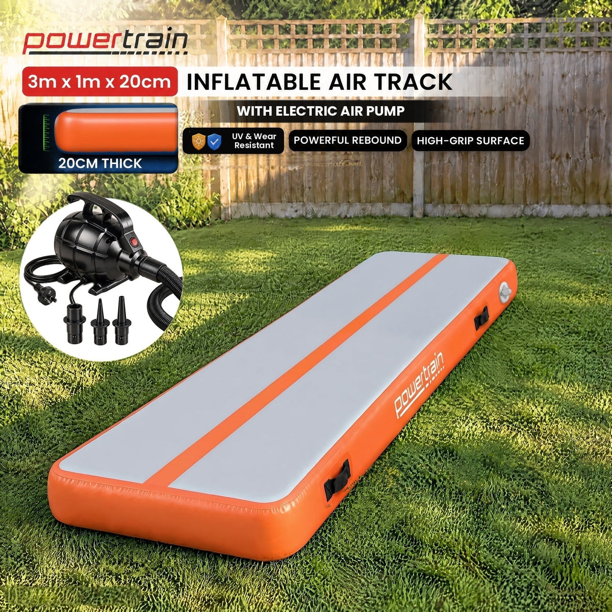 Powertrain 3m x 1m Inflatable Air Track 20cm Thick Gymnastics Exercise Tumbling Mat in Grey Orange with Electric Pump