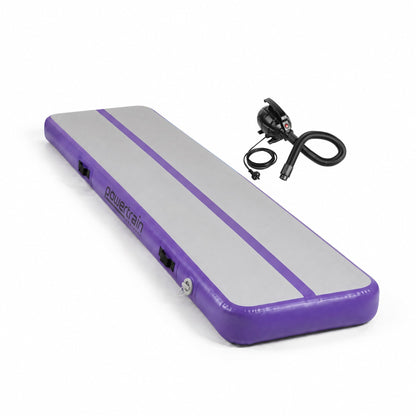 Powertrain 4m x 1m Inflatable Air Track 20cm Thick Gymnastics Exercise Tumbling Mat in Grey Purple with Electric Pump