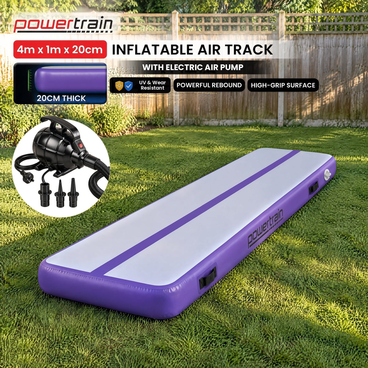 Powertrain 4m x 1m Inflatable Air Track 20cm Thick Gymnastics Exercise Tumbling Mat in Grey Purple with Electric Pump