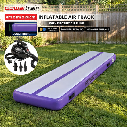 Powertrain 4m x 1m Inflatable Air Track 20cm Thick Gymnastics Exercise Tumbling Mat in Grey Purple with Electric Pump