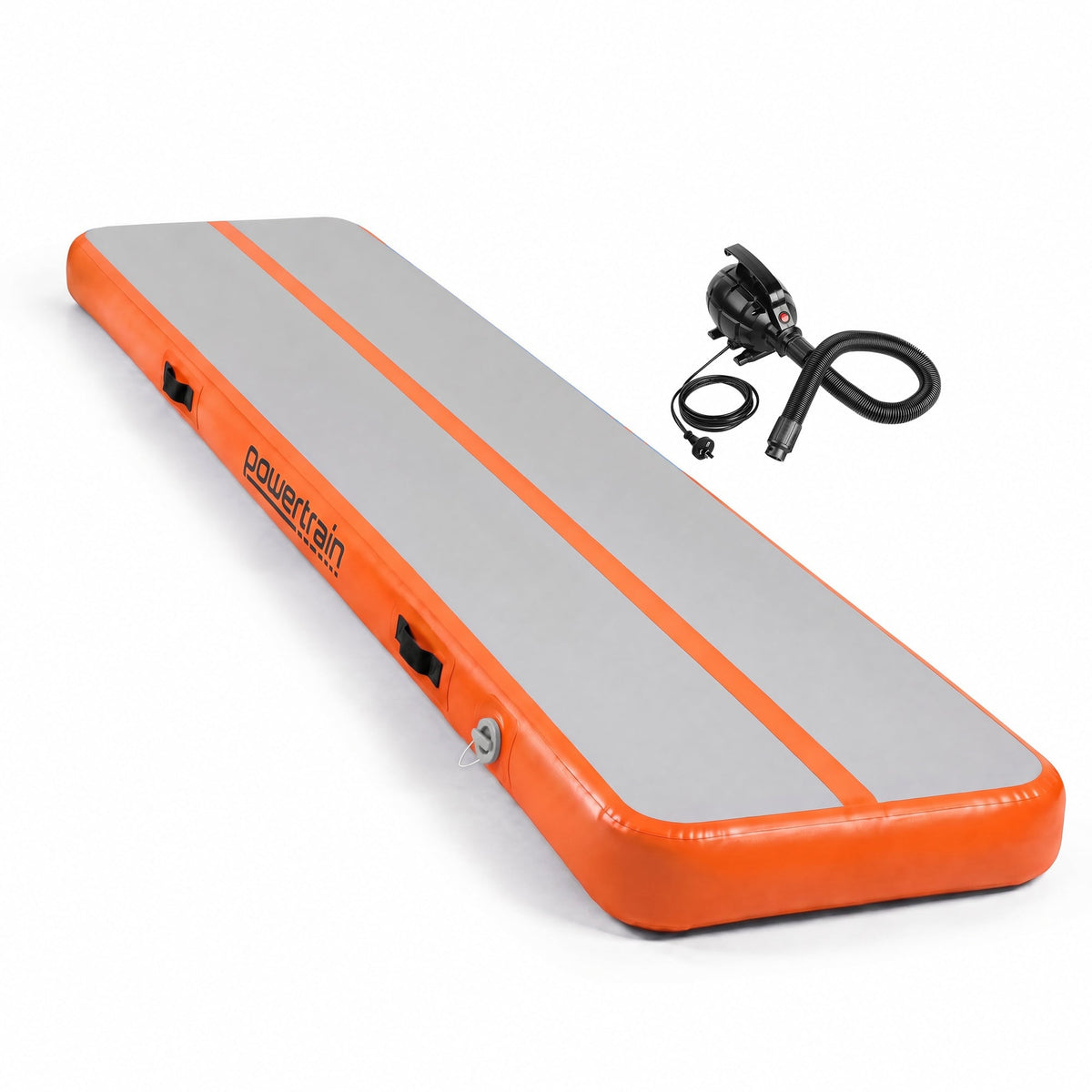 Powertrain 5m x 1m Inflatable Air Track 20cm Thick Gymnastics Exercise Tumbling Mat in Grey Orange with Electric Pump